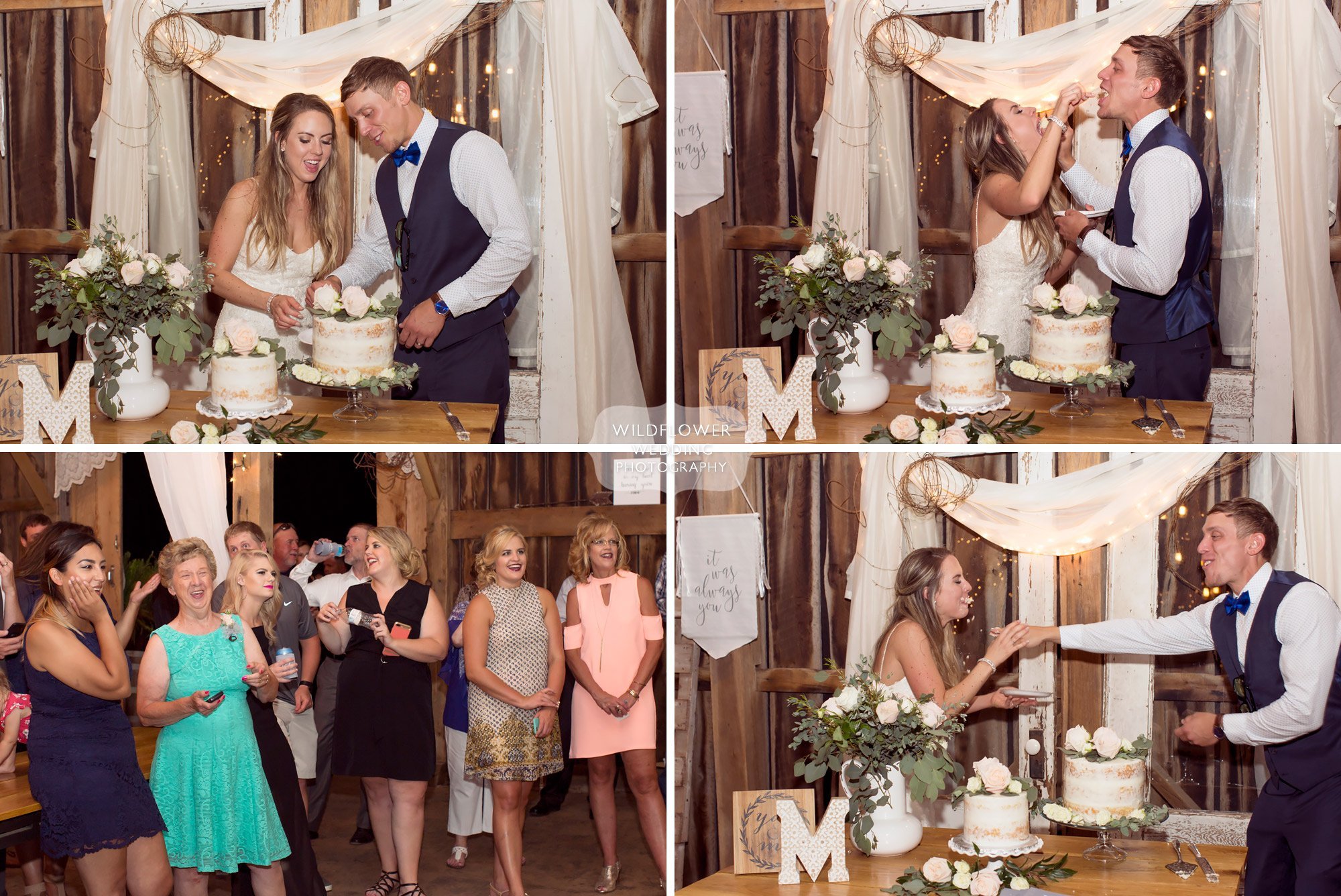 Great photos of the bride and groom cake smash at the barn at Kempker's in southern MO.