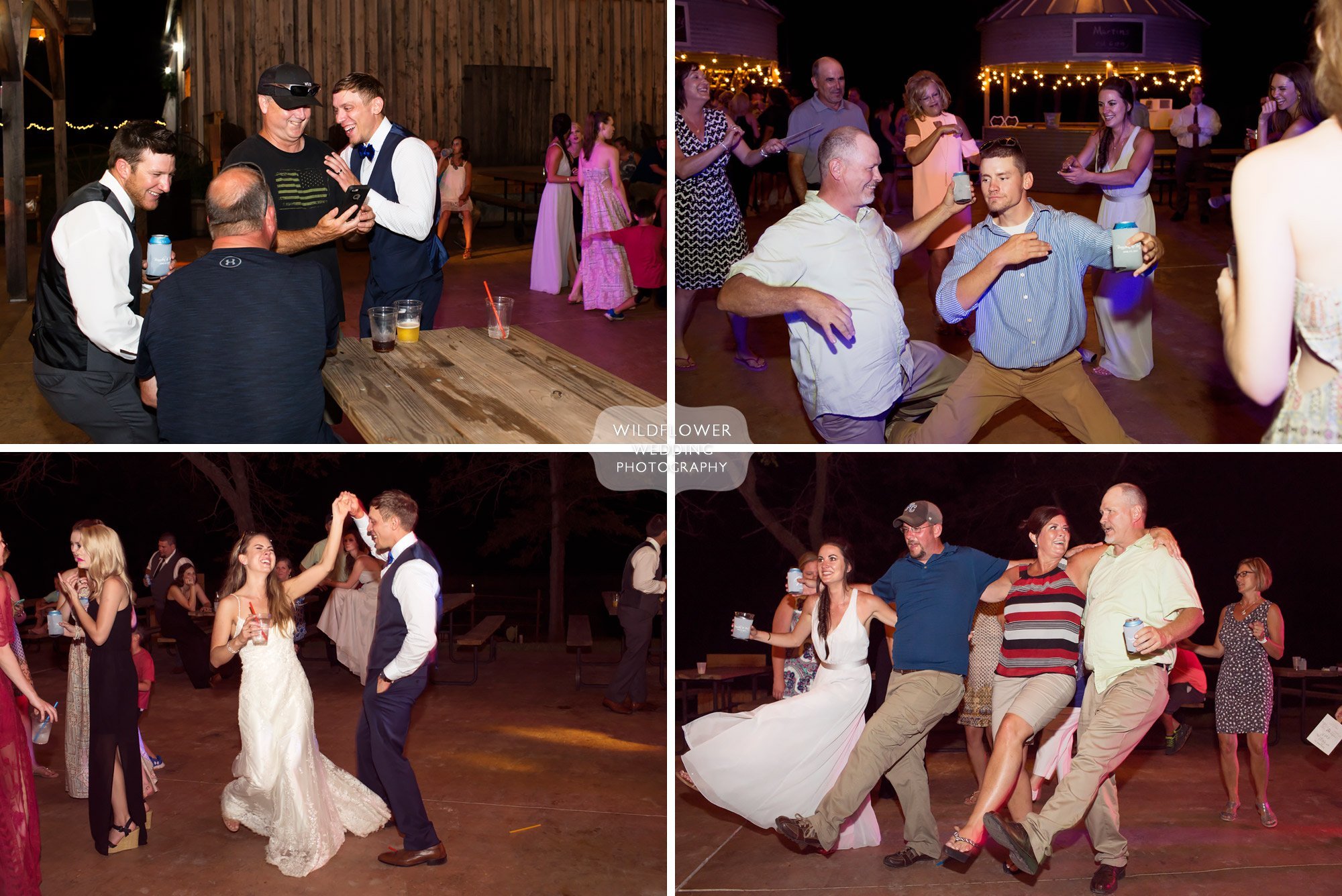 Wedding guests dance on the outdoor patio at Kempker's Back 40 barn venue in Westphalia.