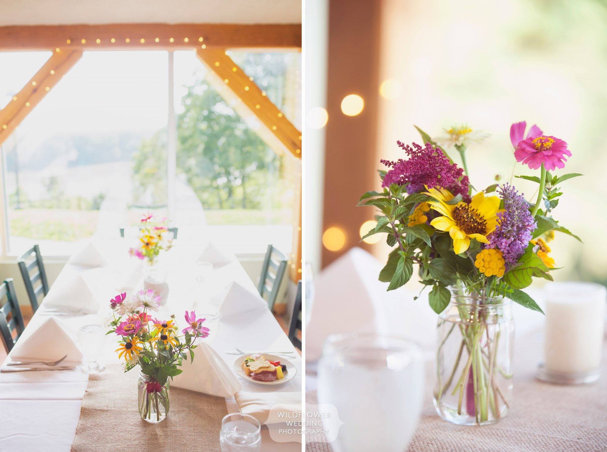 Colorful wildflower bouquets as table centerpieces at this Les Bourgeois Winery wedding in July in MO.