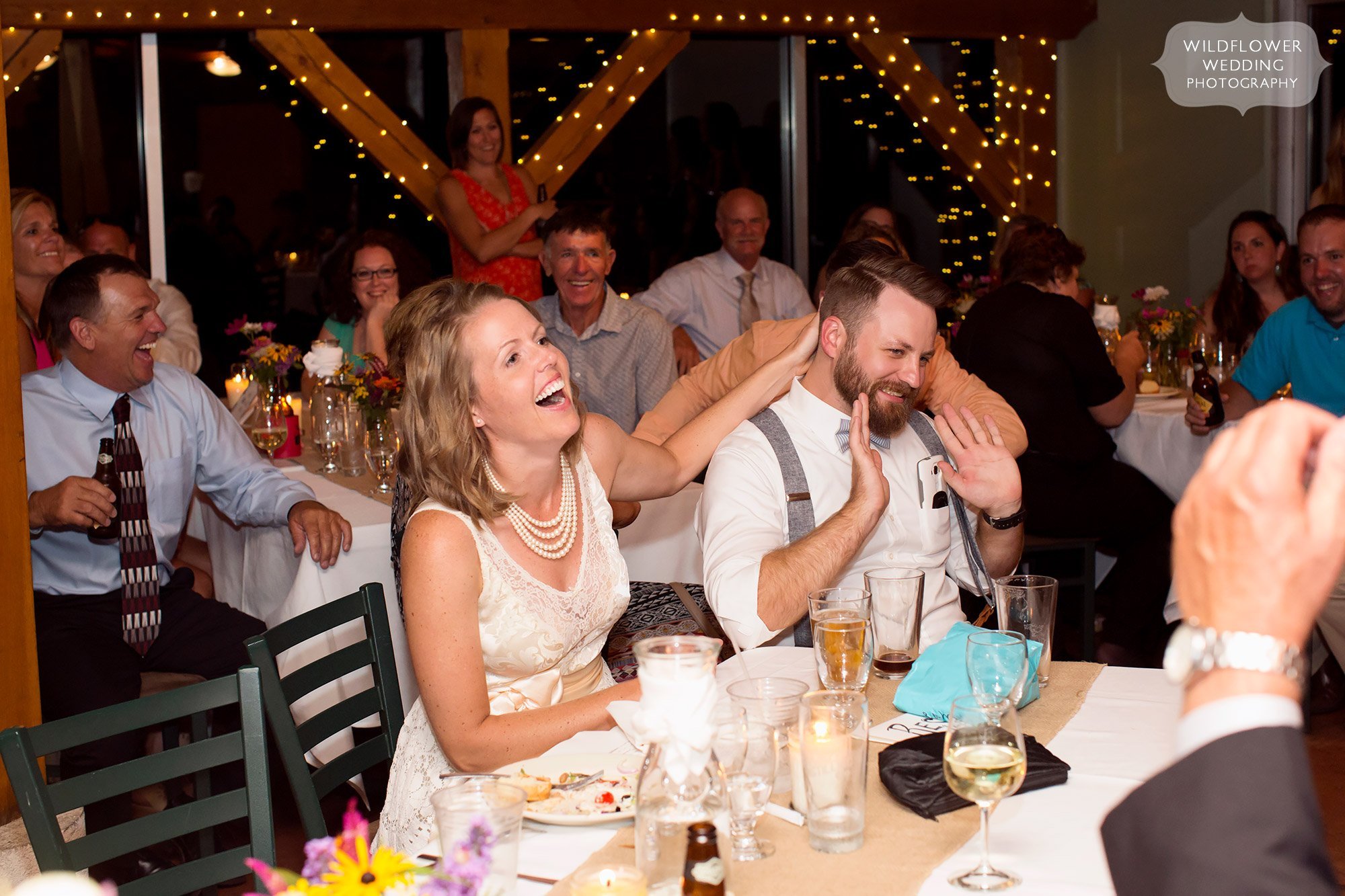 funny bride groom laughing during toasts les bourgeois
