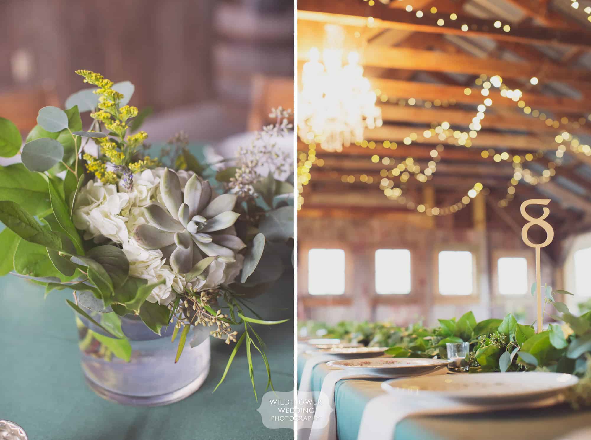 Romantic barn wedding decor ideas like succulents and laser cut wooden table numbers.