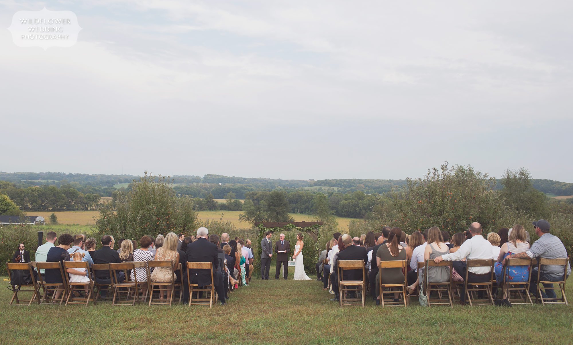 View of the outdoor ceremony space in the orchard at the Weston Red Barn Farm.