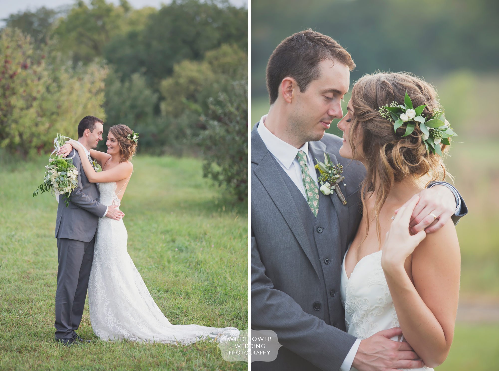 Classic wedding photography of bride and groom in the field at the Weston Red Barn Farm venue.