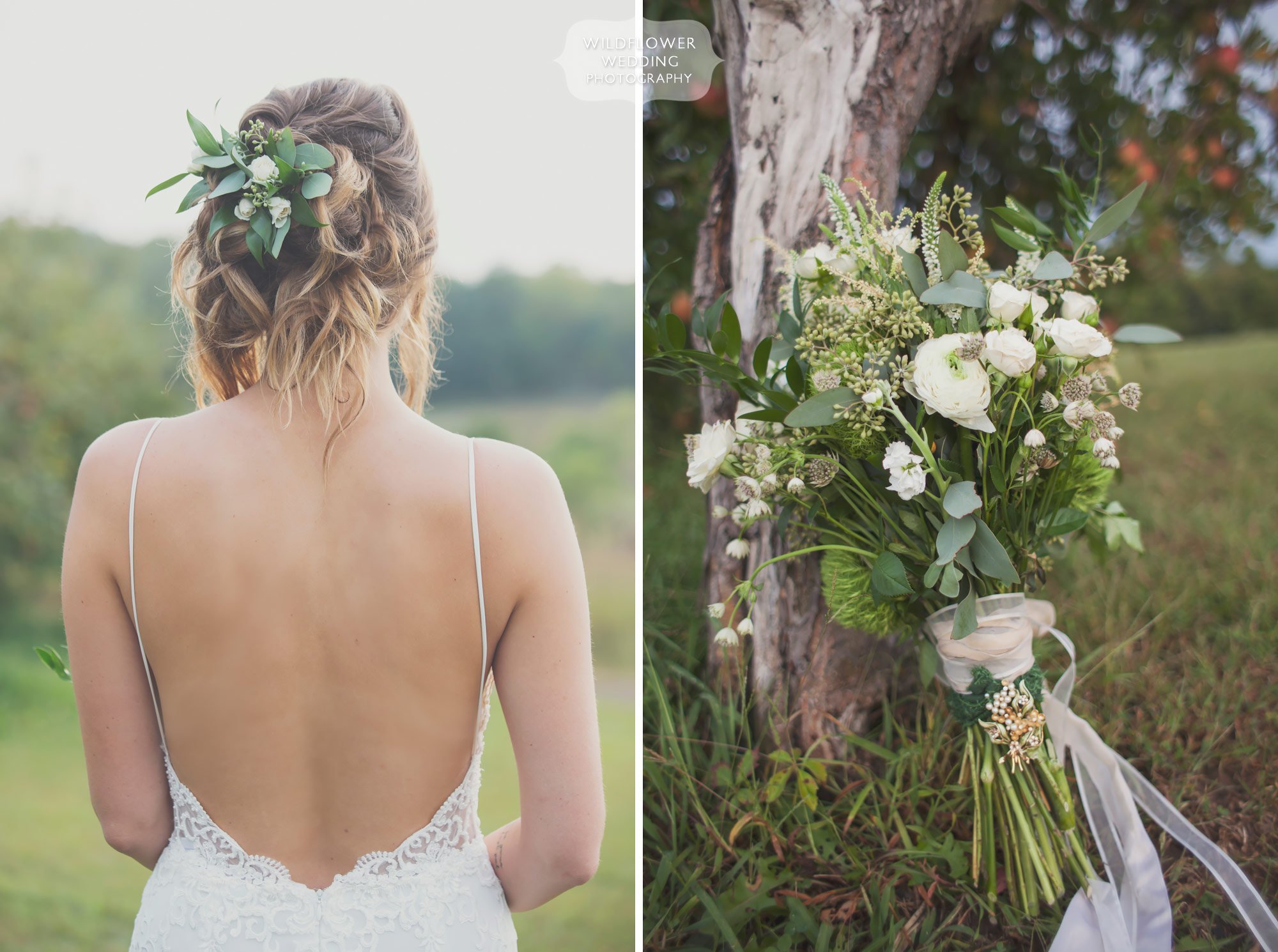 Romantic backless wedding dress with bride and wispy tussled hair at barn wedding in Weston, MO.