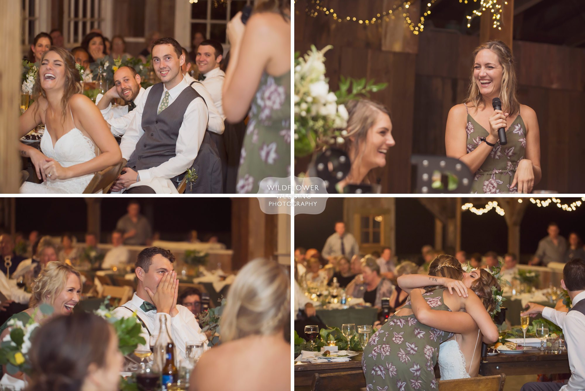 Natural photos of wedding speeches inside of the old barn at the Weston Farm.