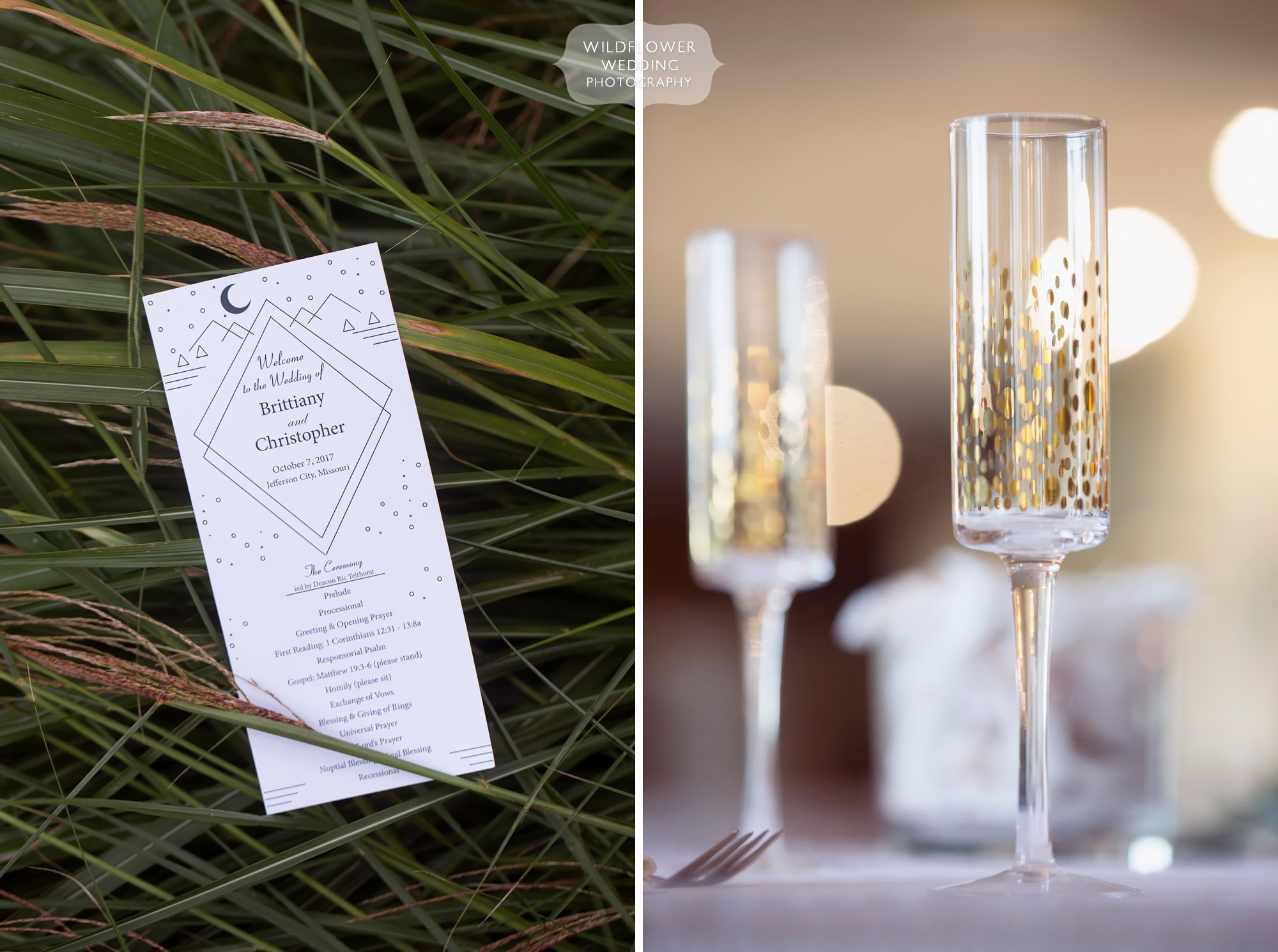 Rustic chic wedding details with polka dot champaign glasses at Jeff City CC.