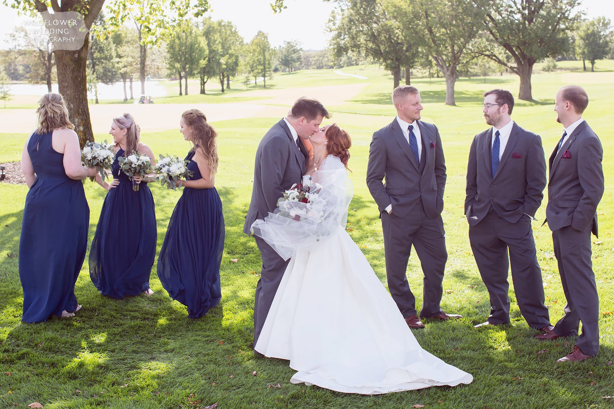 Bridal party in navy and grey at the Jefferson City Country Club in MO.