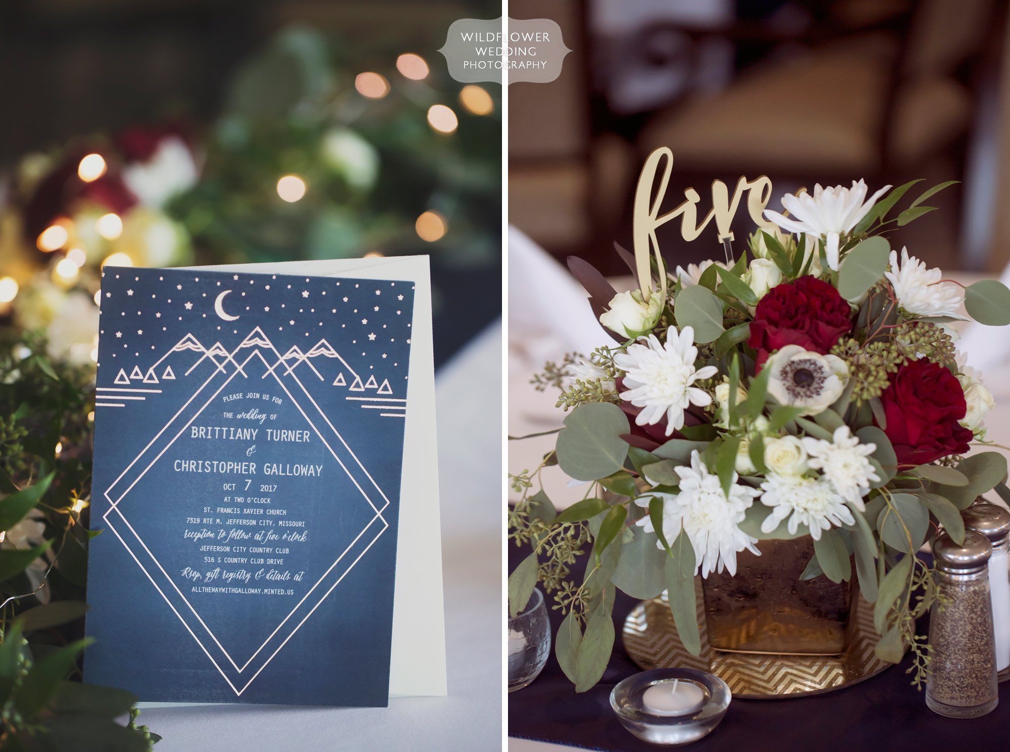 Celestial wedding invitations at the Jefferson City Country Club.