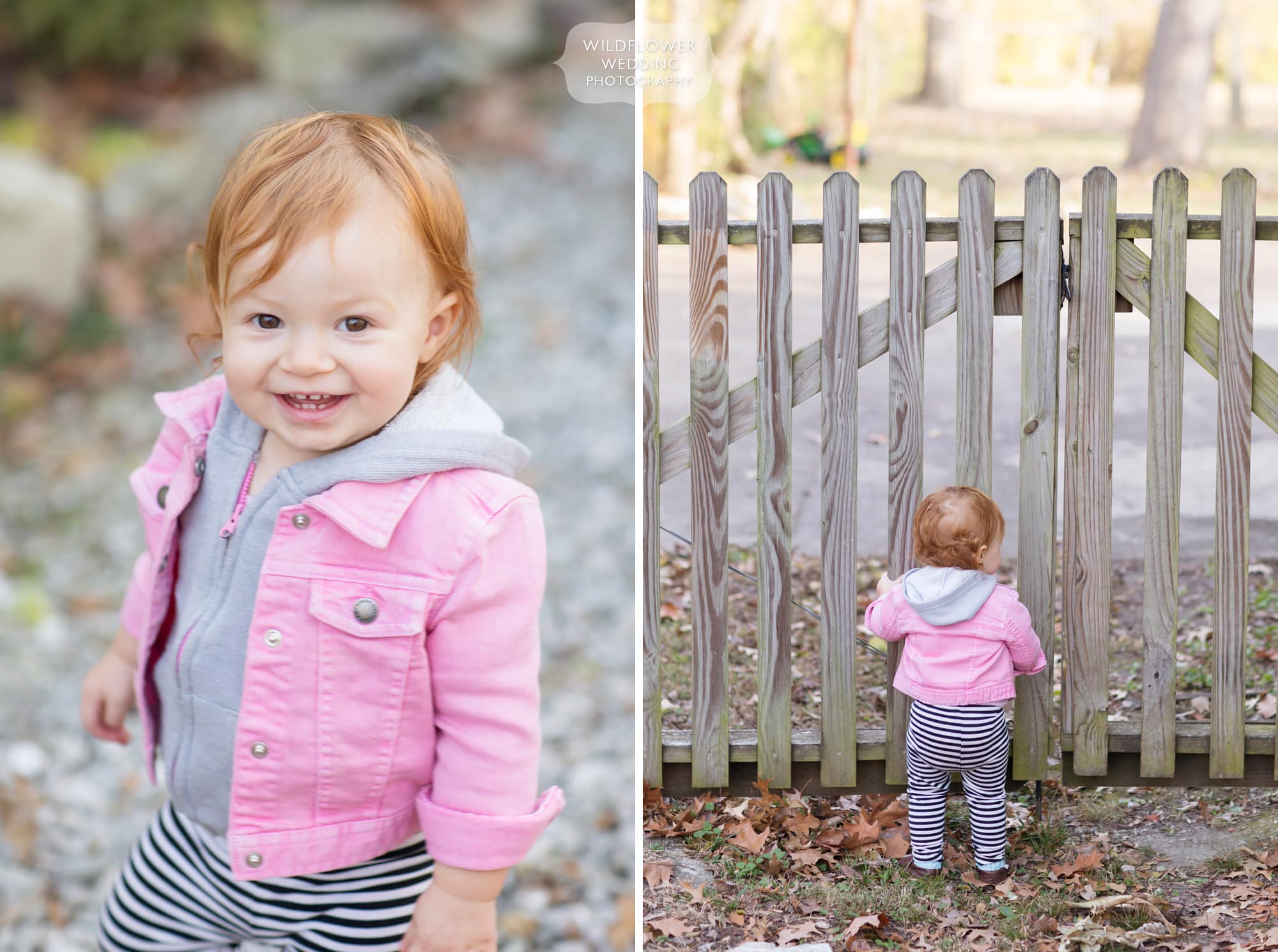 Little girl in pink jean jacket for a Columbia MO toddler photography session outside in November.