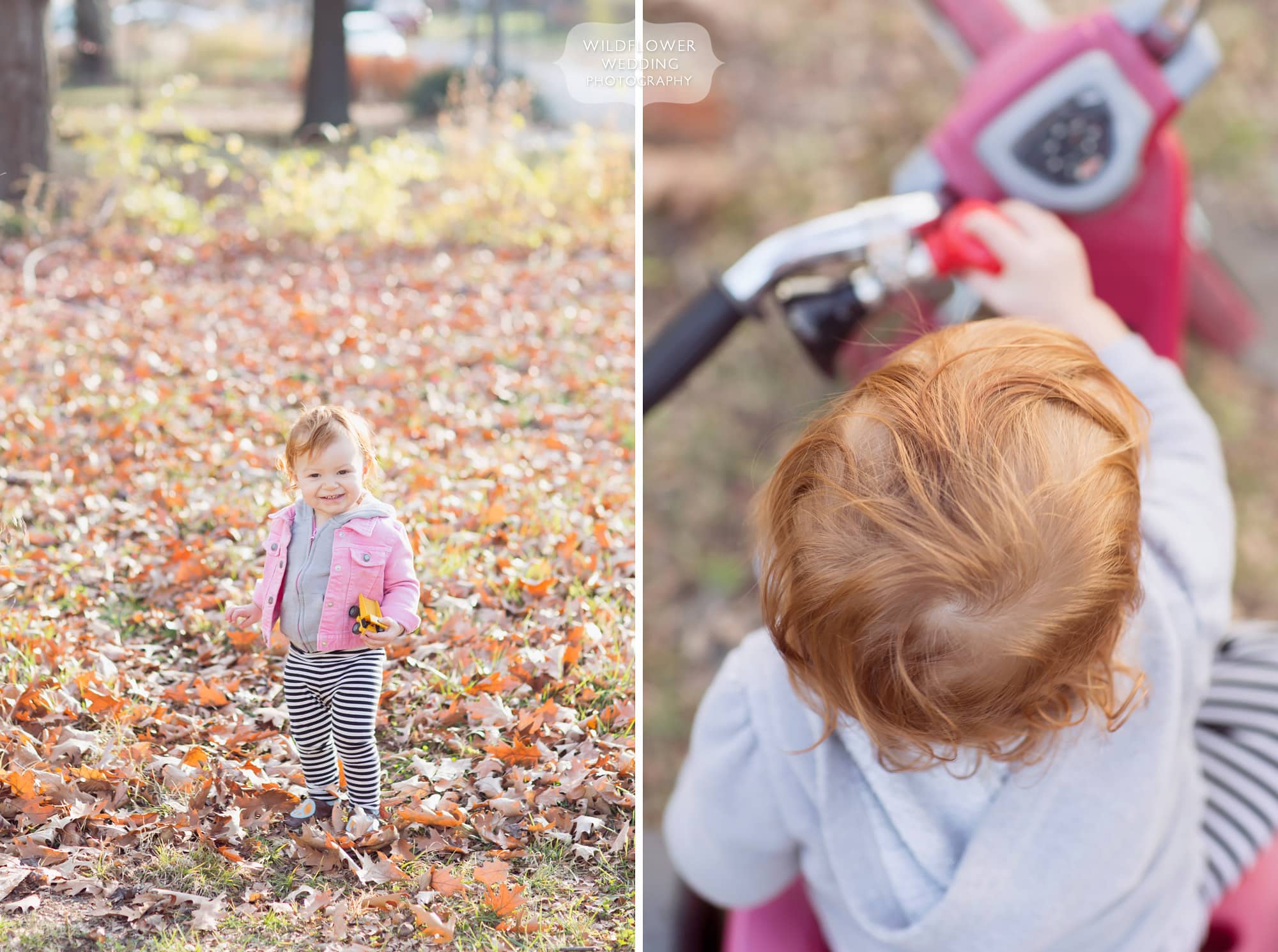 This red-headed toddler plays in the fall leaves for an outdoor photo session in Columbia.