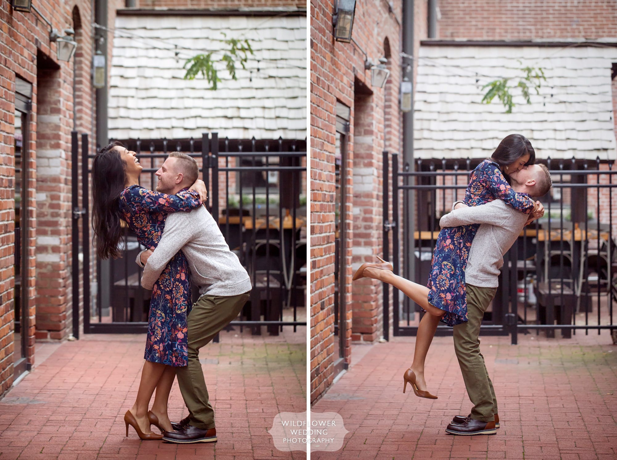 Fun and happy engagement photos in downtown Columbia, MO.