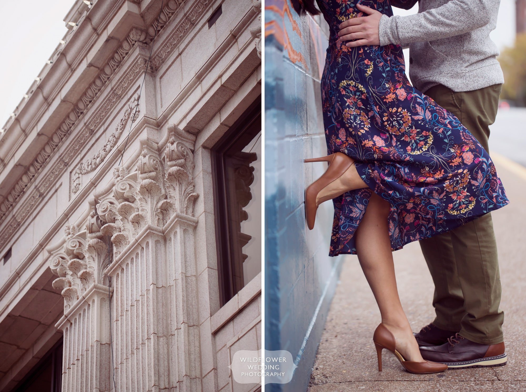 Romantic engagement photography in downtown Columbia, MO while girl kicks leg up onto wall.