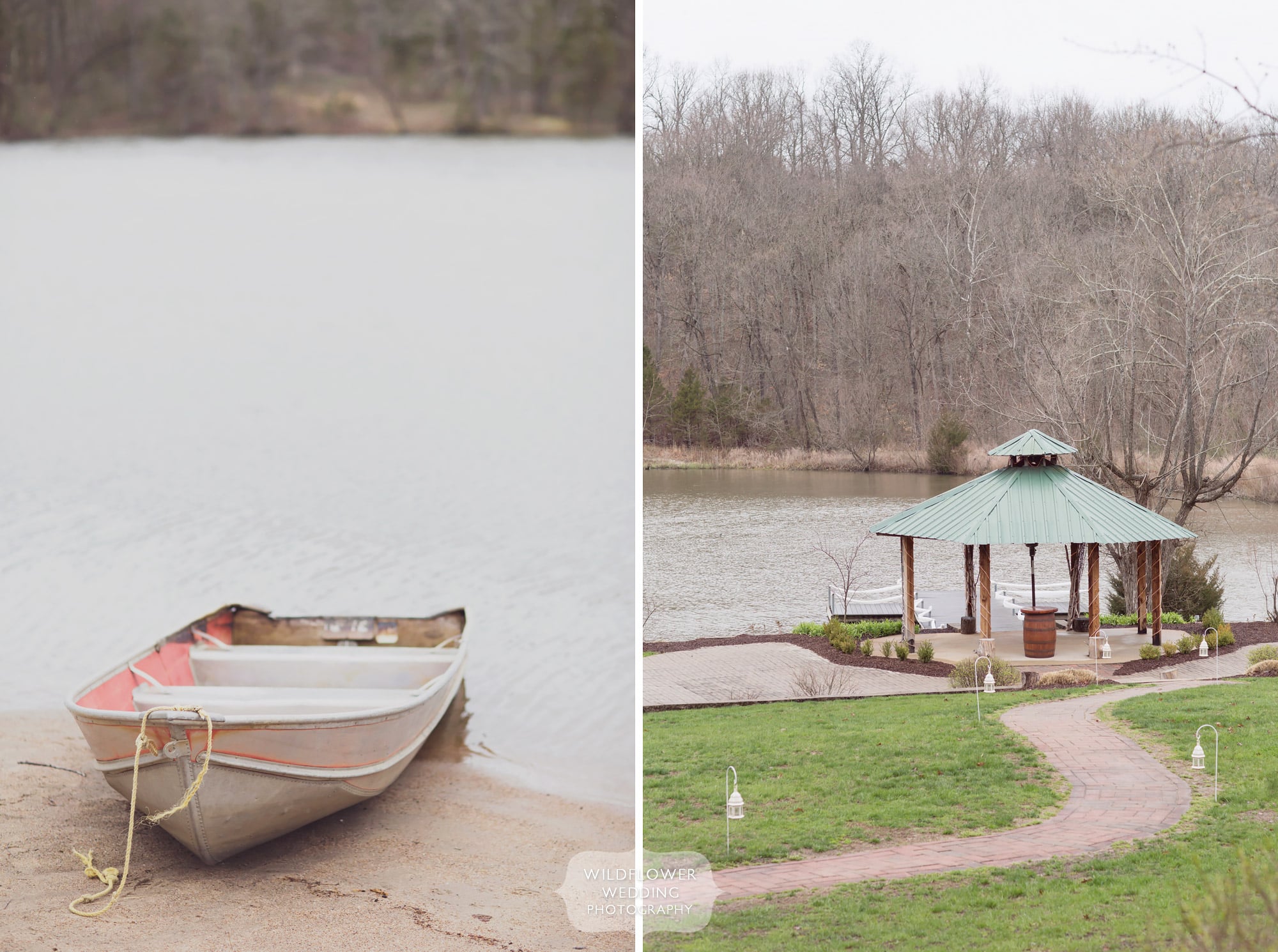 A row boat at the lake's edge at the Little Piney Lodge wedding venue in Hermann, MO.