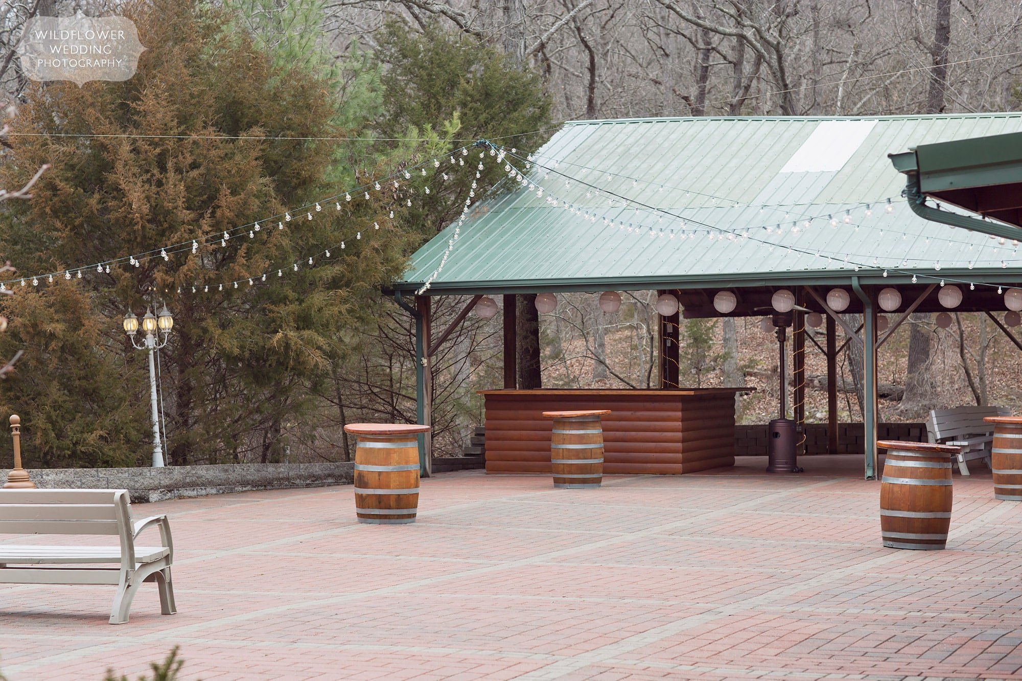 Little Piney Lodge has an outdoor wedding reception pavilion space with string cafe lights.