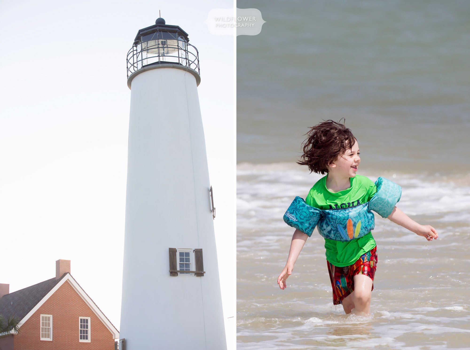 St. George Island lighthouse with boy running in water.