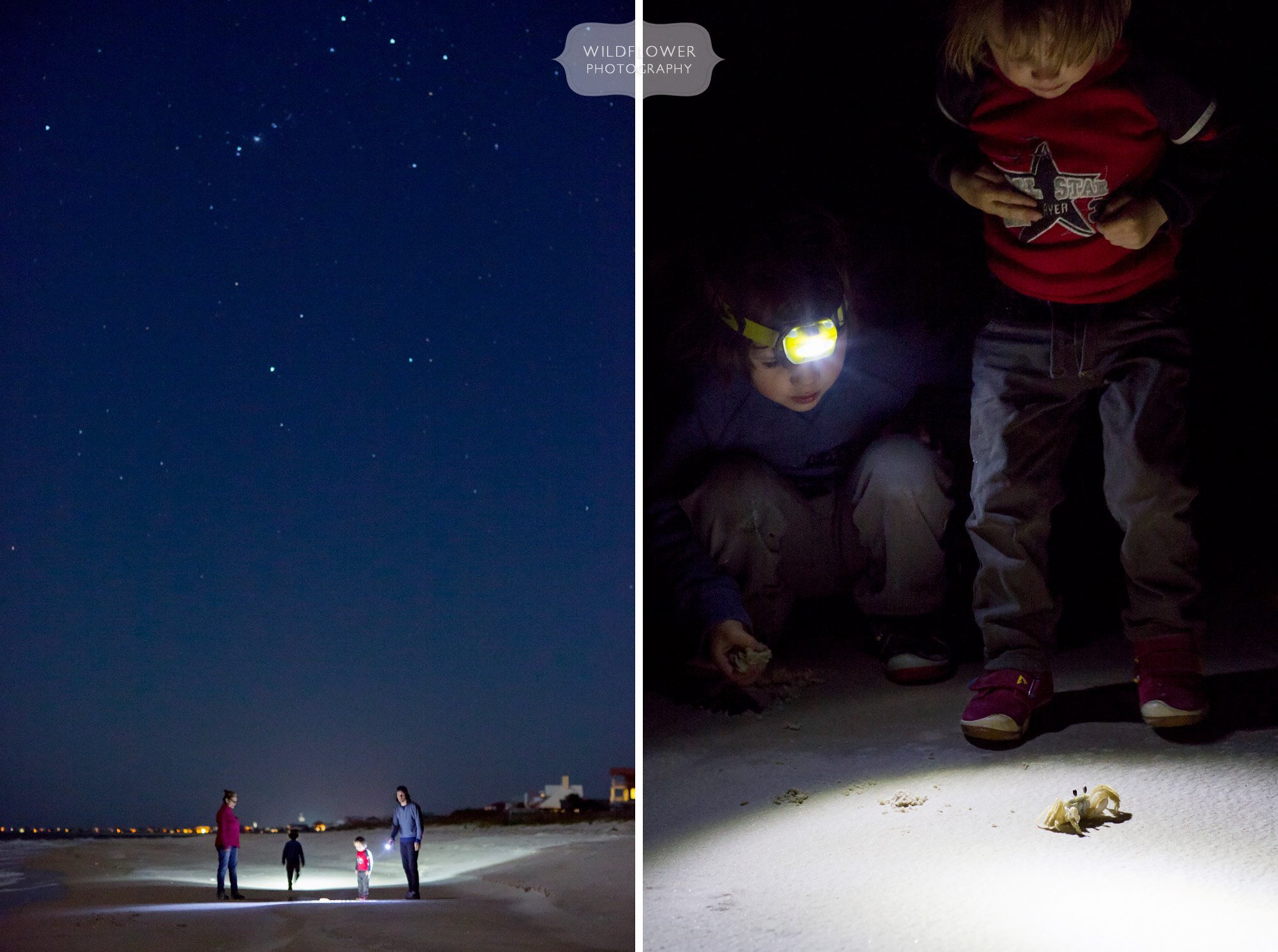 Kids looking for ghost crabs with flashlights at night on St. George Island, FL.