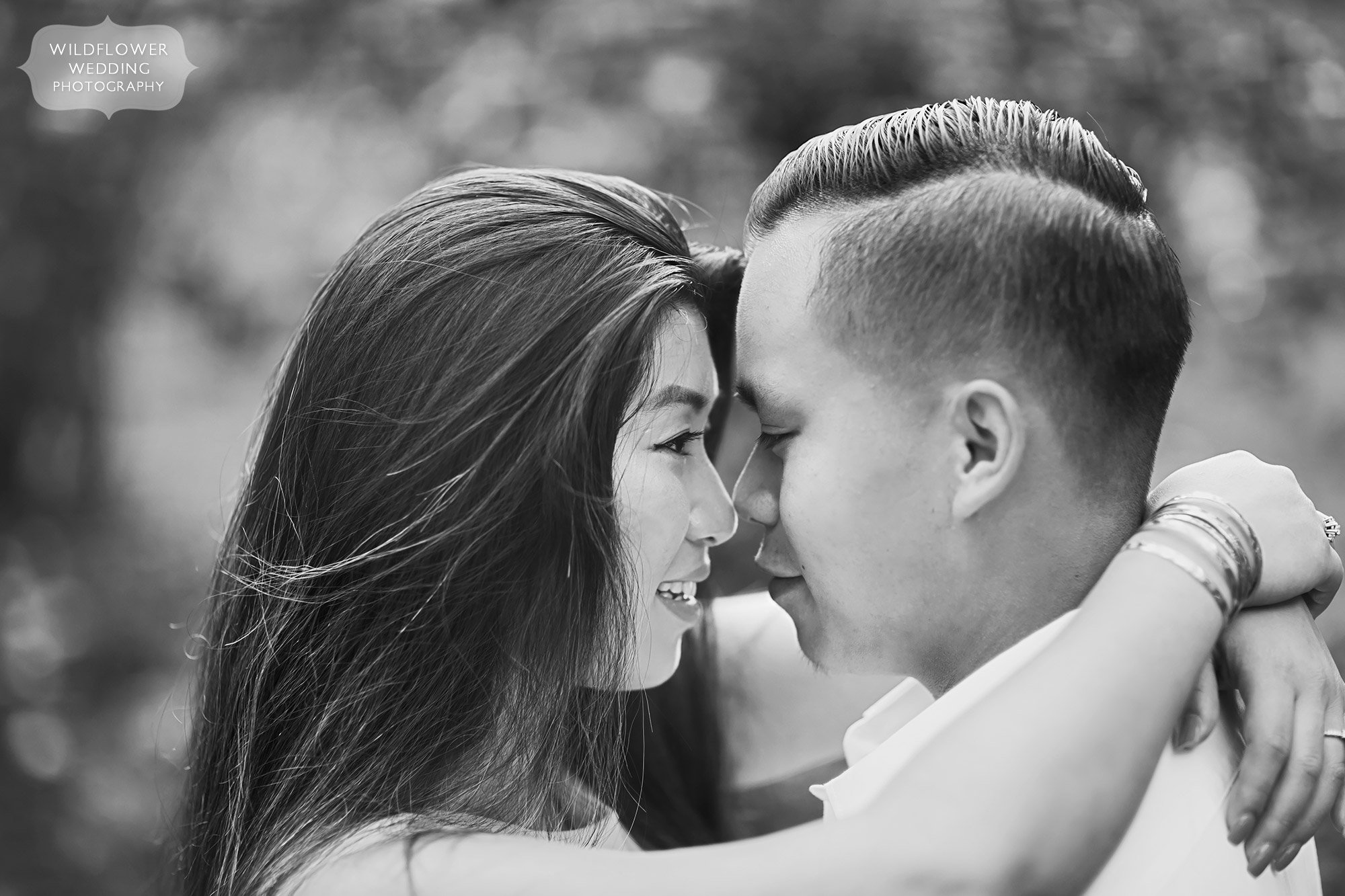Close up black and white photo of asian couple during a mini engagement session at Shelter Gardens.