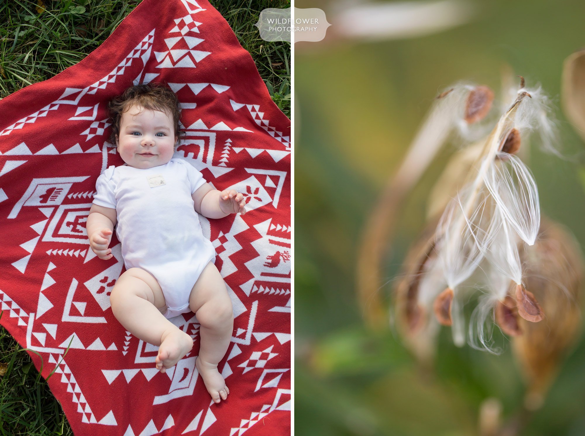 Baby on a Native American style red blanket for this outdoor park family photography session.
