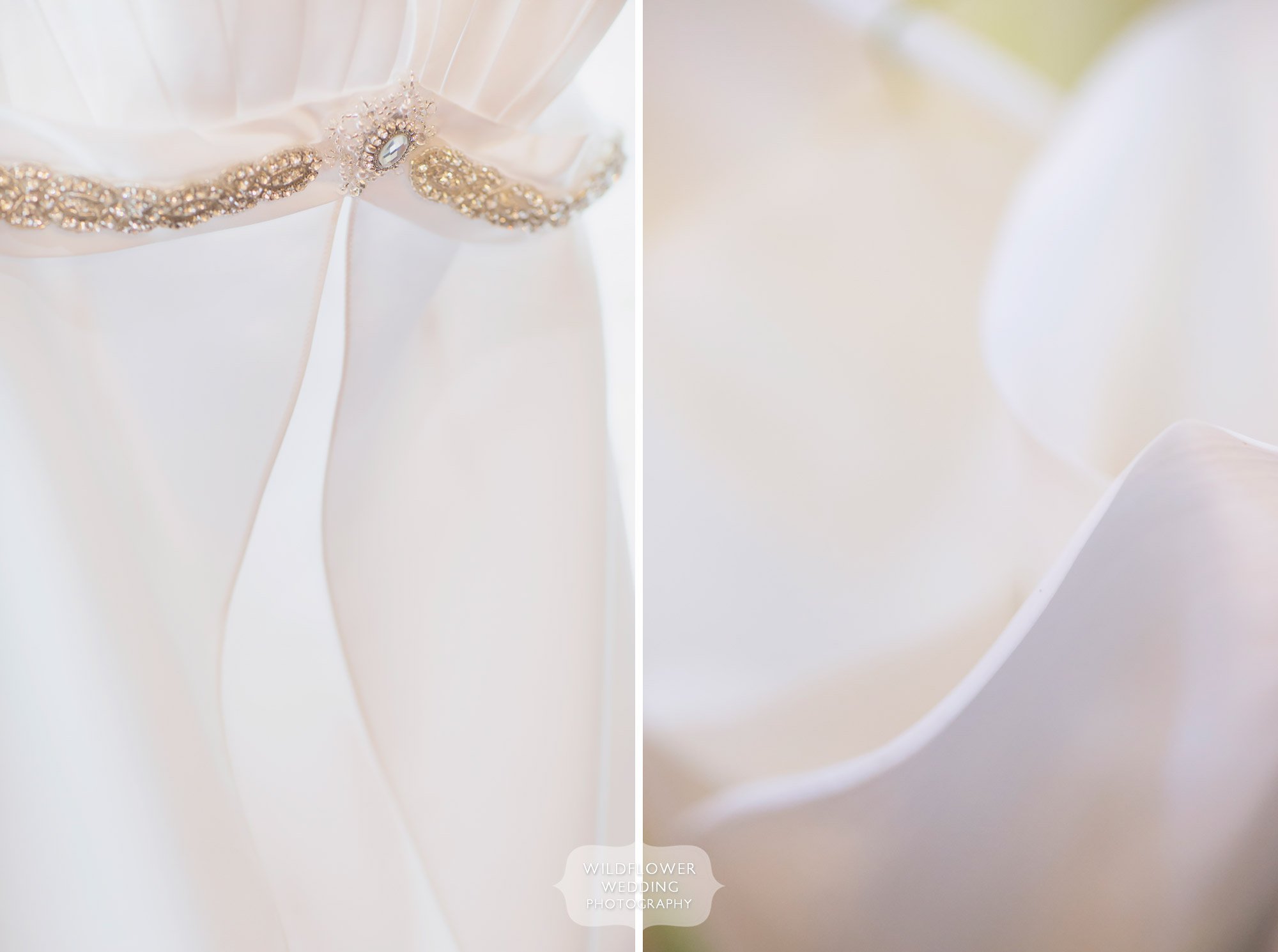 Artistic wedding photo of bride's dress with calla lily flowers at this Kansas barn wedding.