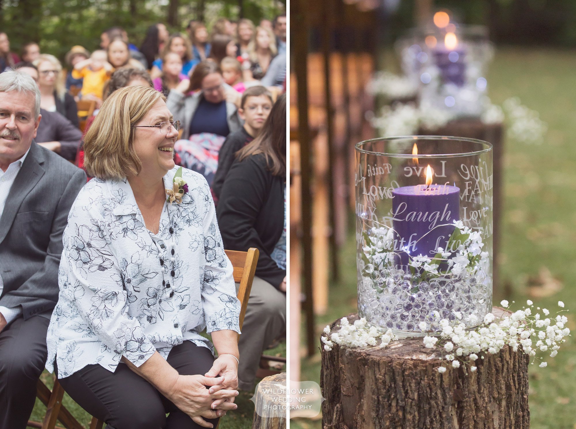 These tree stumps with candles are simple rustic wedding decor ideas.