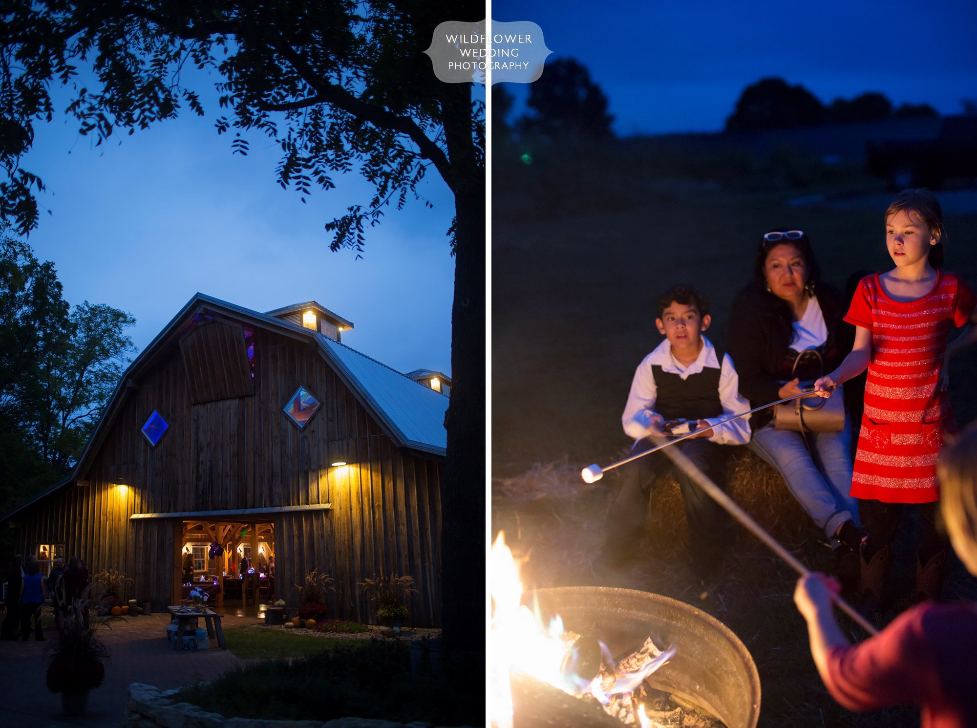 The Schwinn Barn wedding venue hosts a bonfire with smores at weddings.