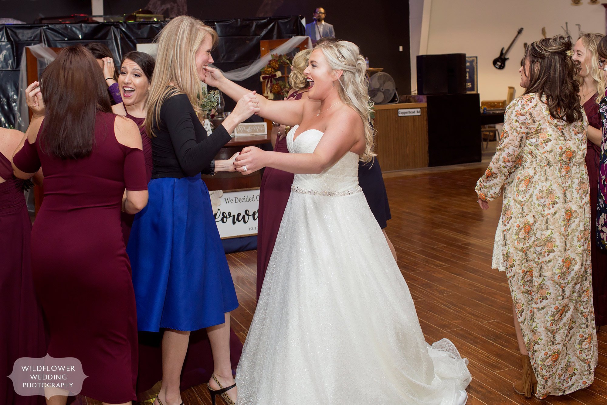 The bride greets her sorority sisters at this Fulton wedding reception.