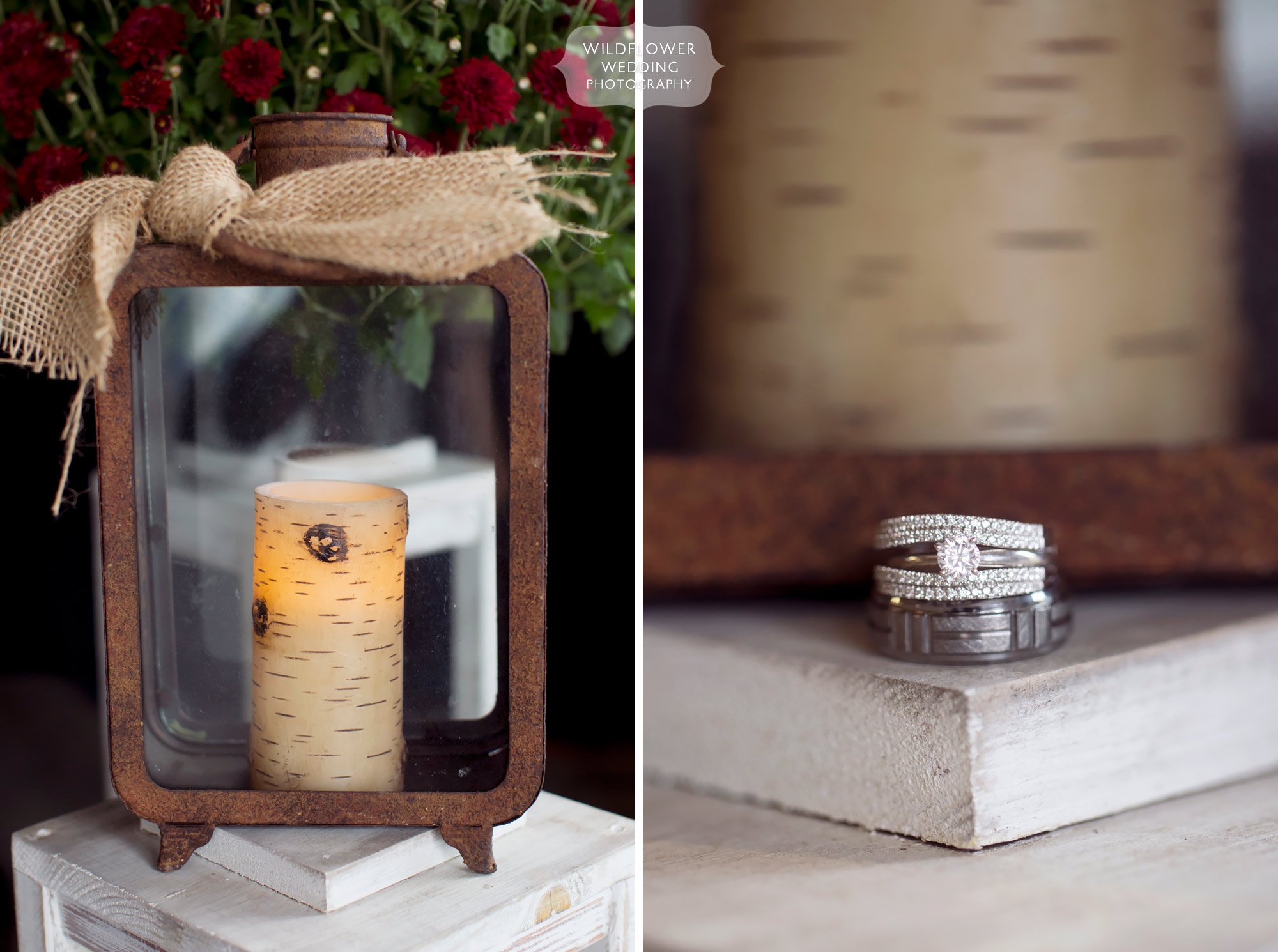 Rustic wedding decor with the wedding rings in Fulton, MO.
