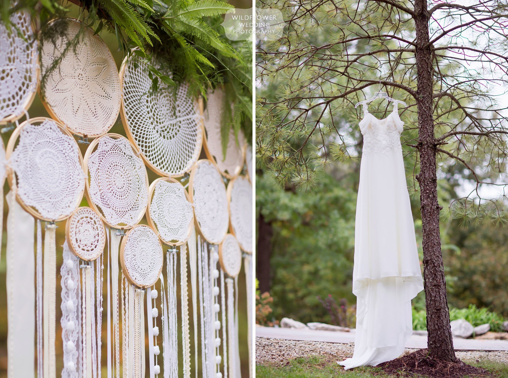 Awesome idea for a macrame wedding ceremony backdrop at the Little Piney Lodge in Hermann.