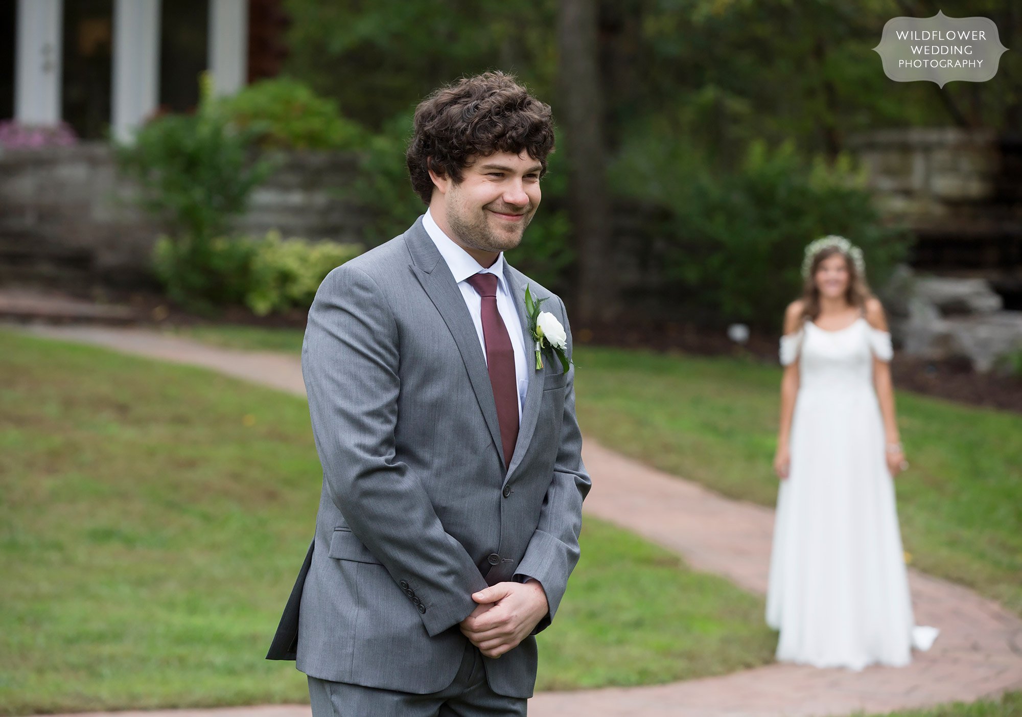 The groom's face before the first look outside at this Hermann, MO wedding.
