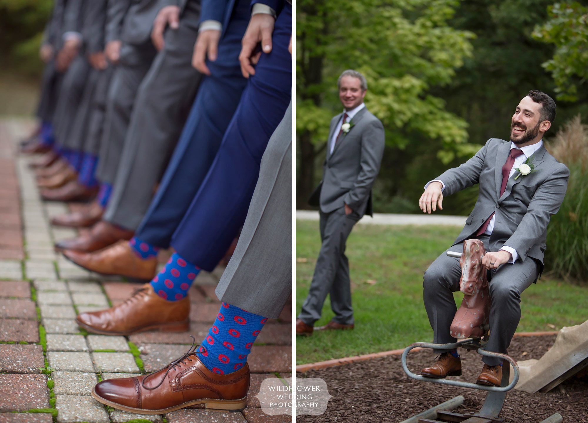 Dapper groomsmen in their colorful wedding socks at Little Piney.