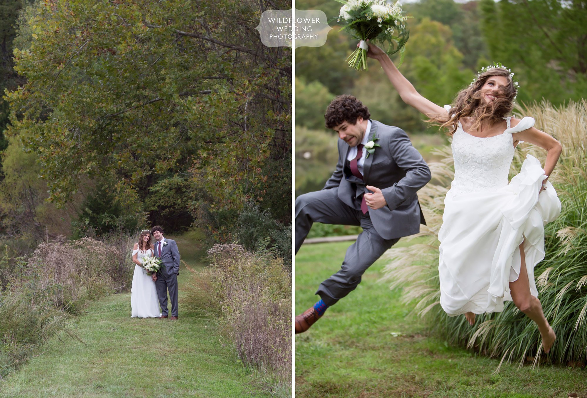 The bride clicks her heels as she jumps high in the air at the Little Piney Lodge.