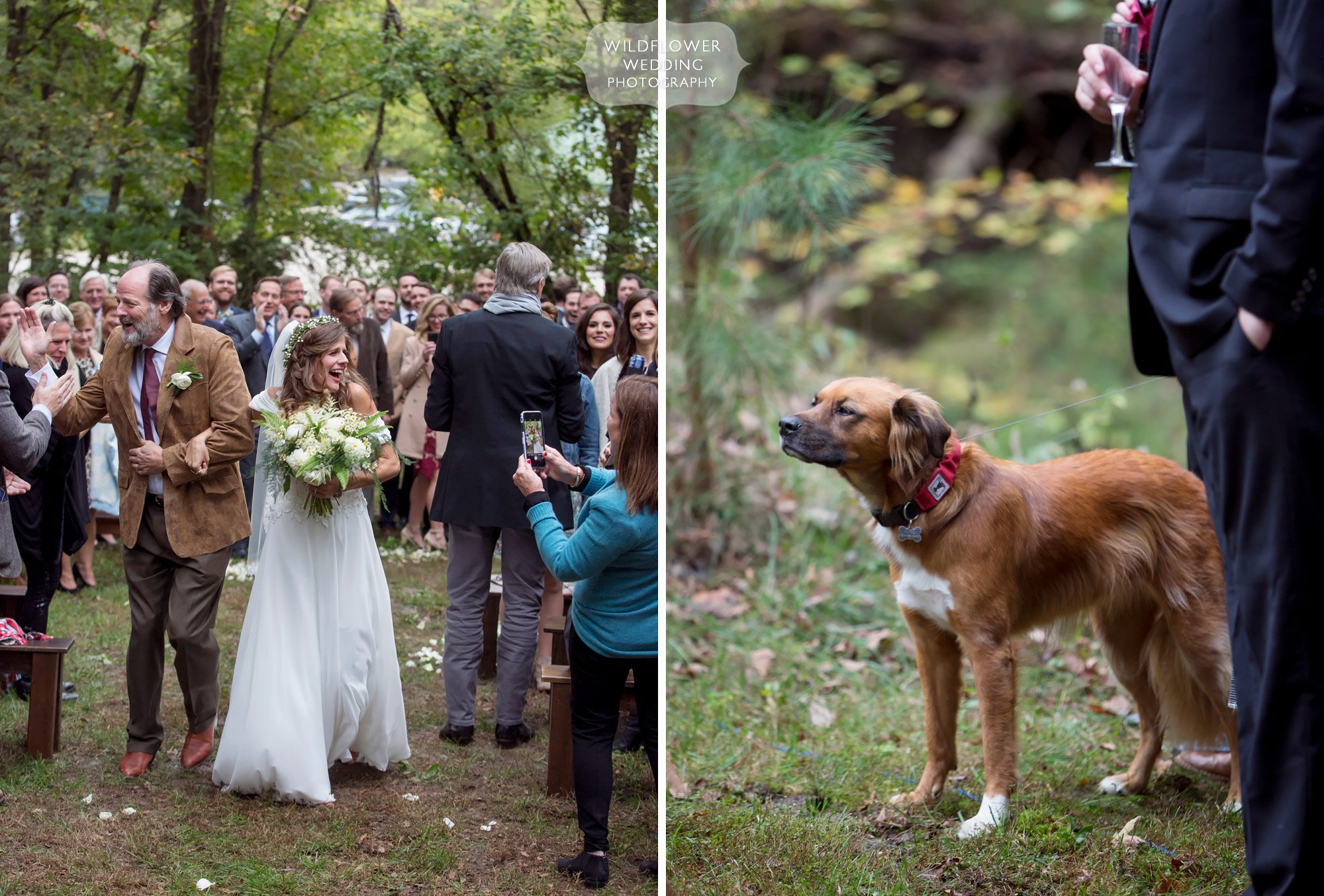 Happiest bride and her dad walk into the woodsy wedding ceremony at Little Piney Lodge.