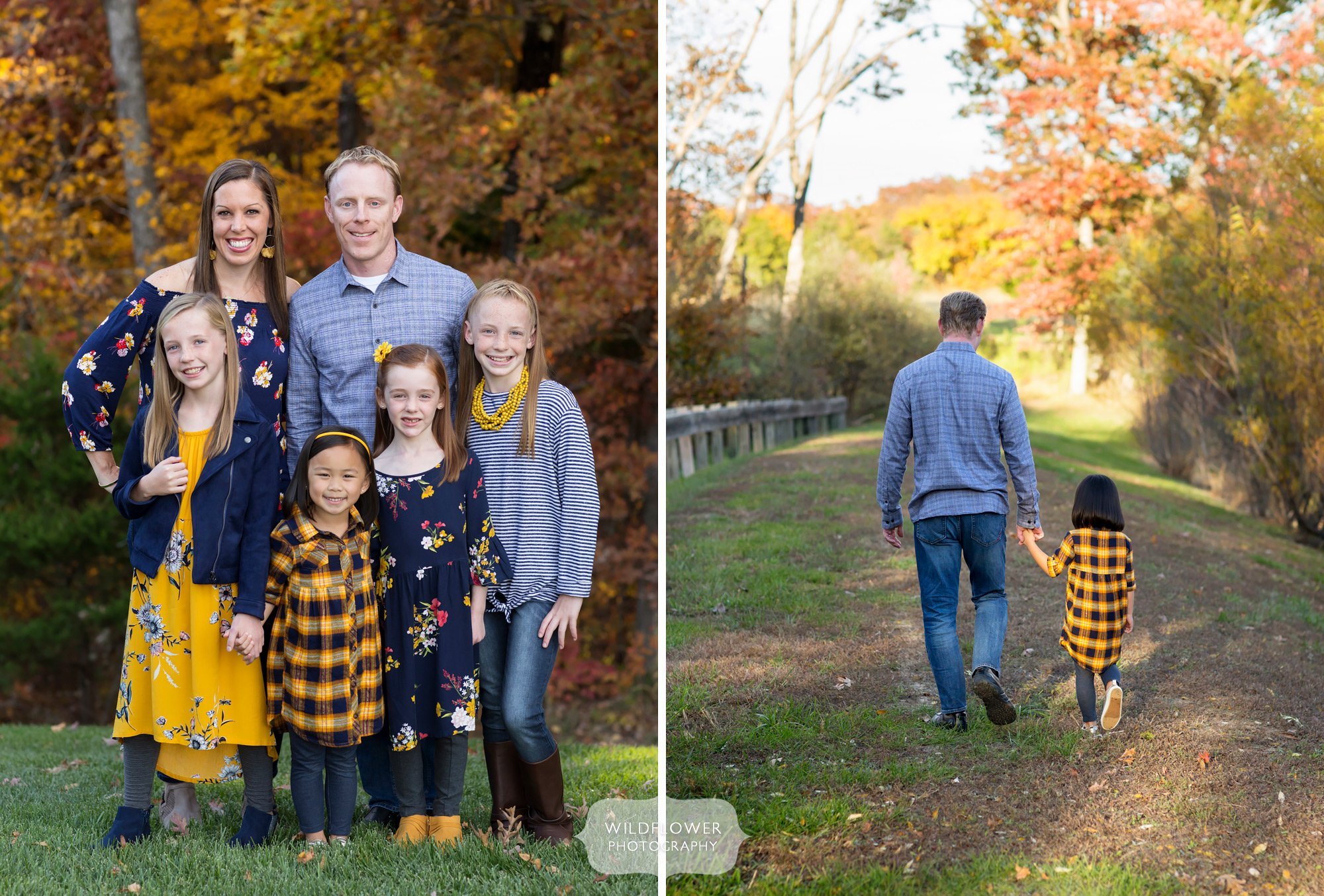 Fall family pictures means colorful foliage backdrops and navy and yellow colors.