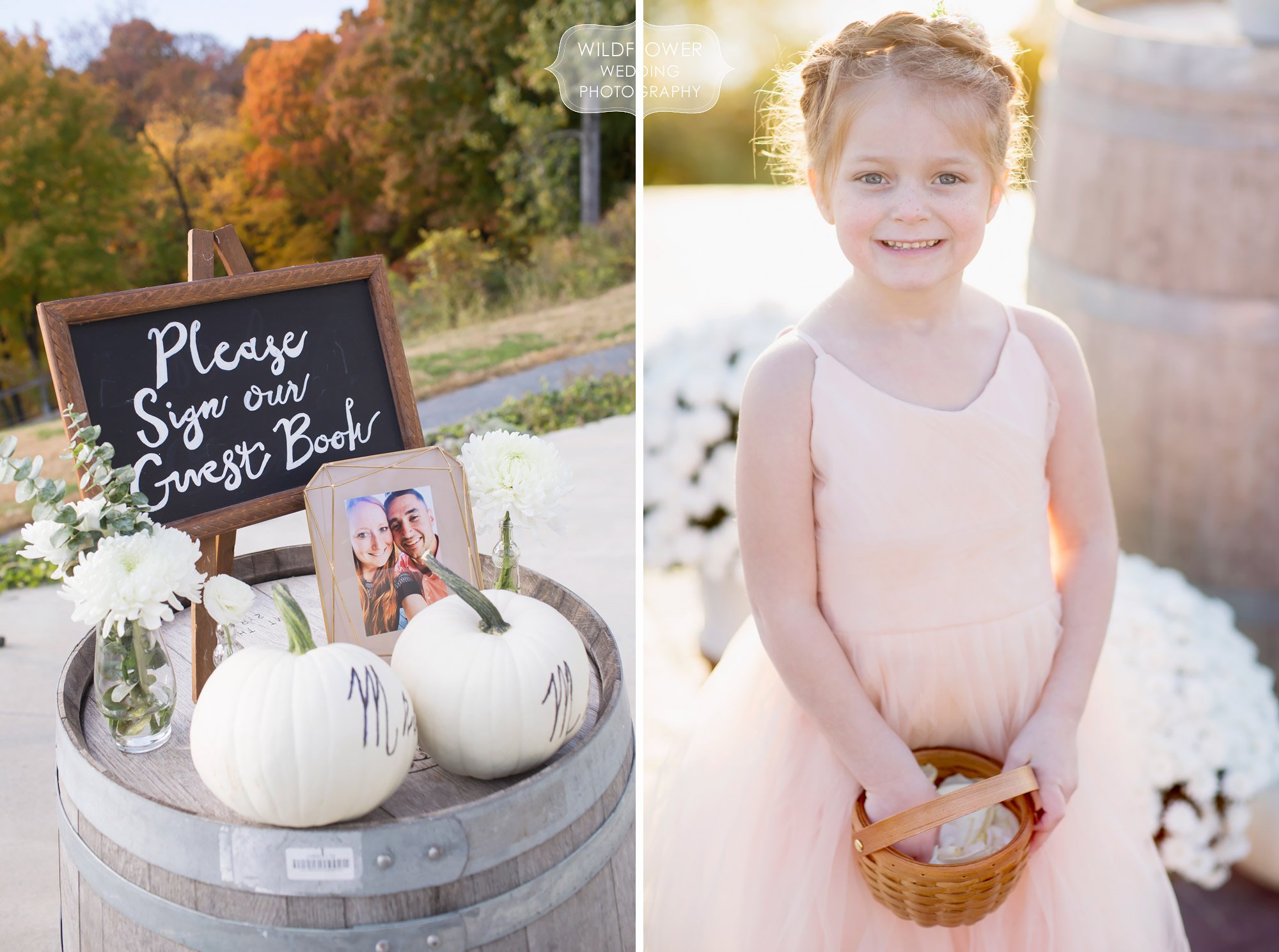 Simple fall wedding decor with white pumpkins at Les Bourgeois Winery.