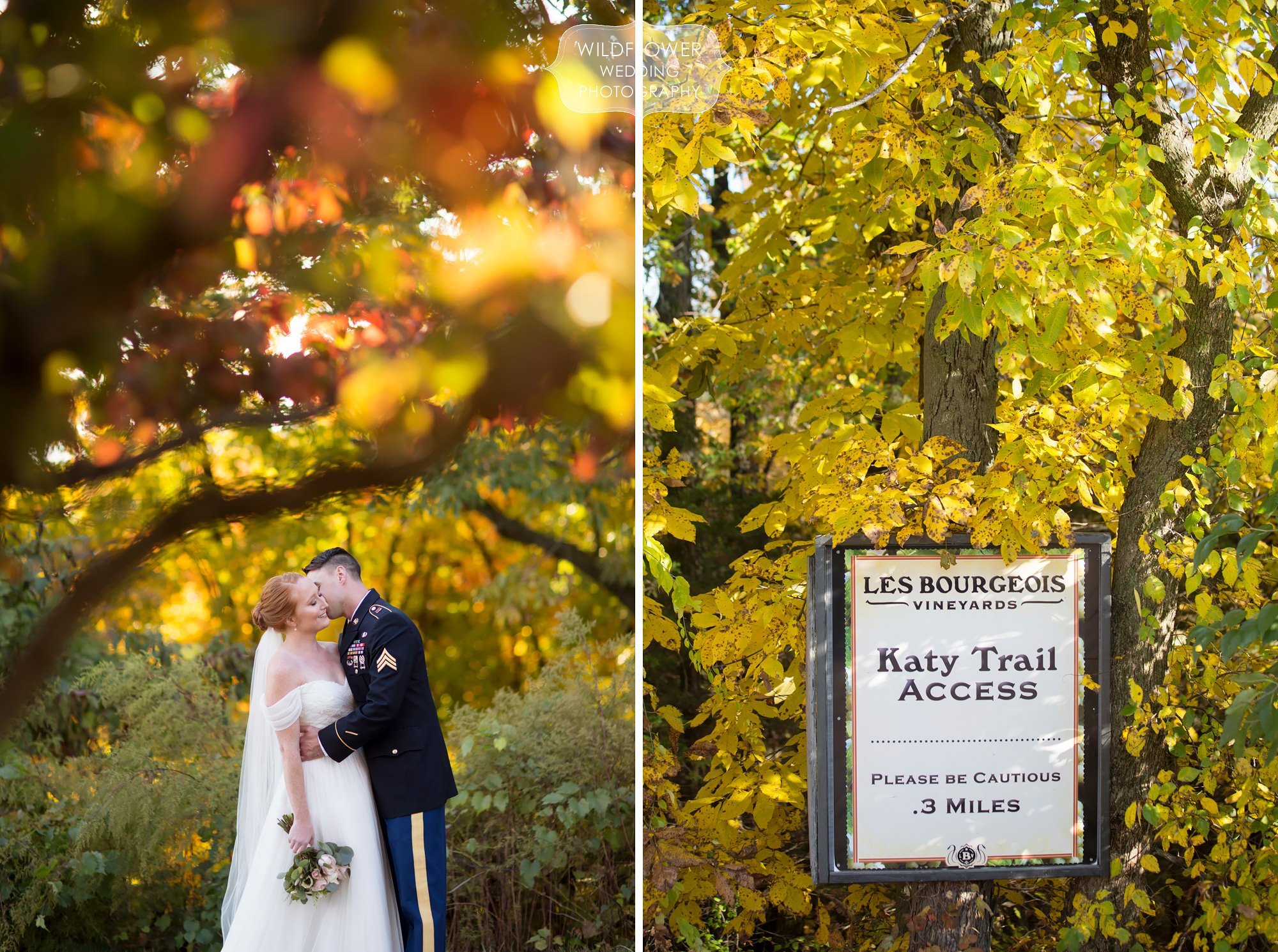 Fall wedding portraits of the bride and groom along the Katy Trail at Les Bourgeois.