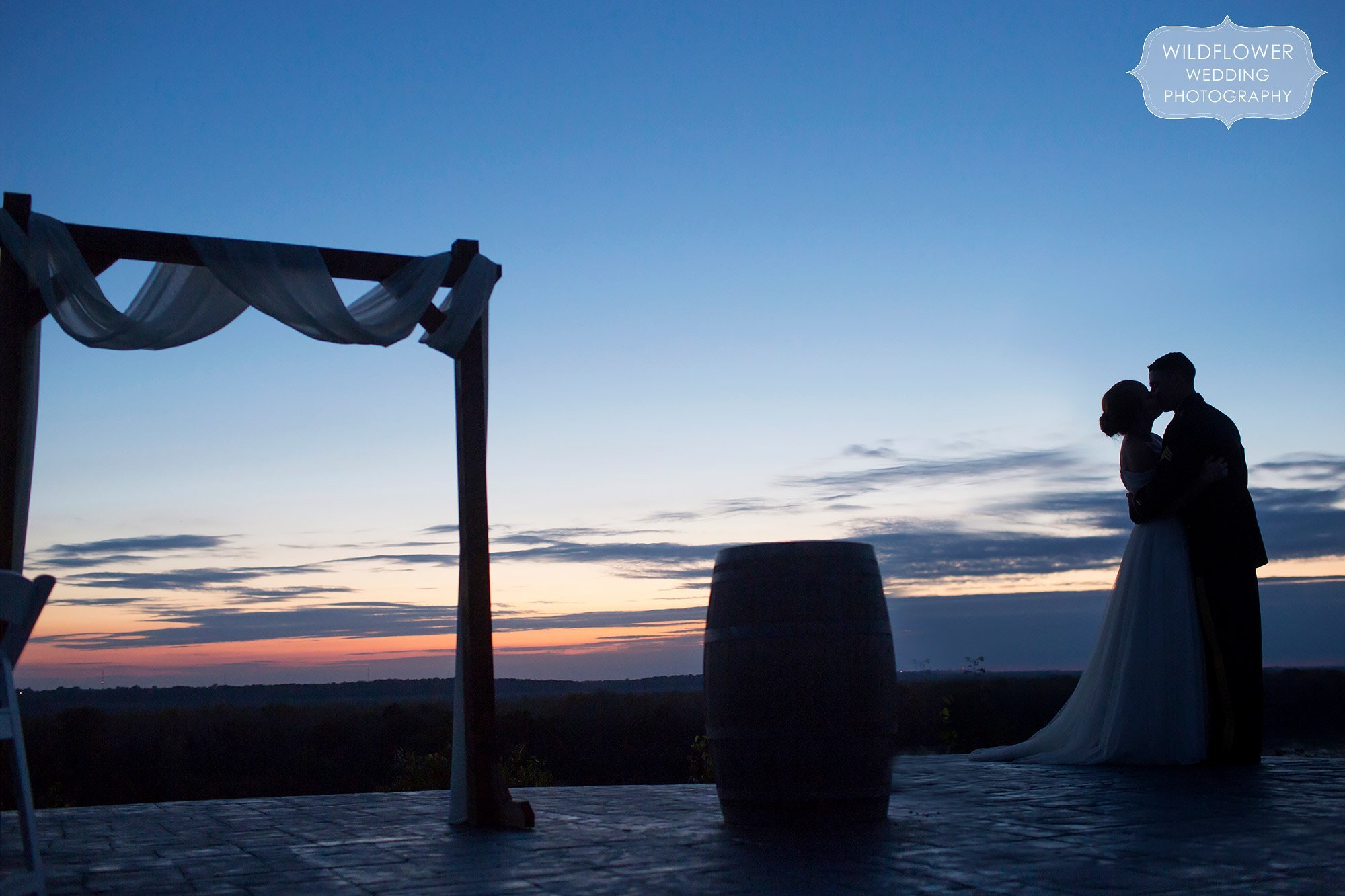 Beautiful silhouette of the bride and groom kissing on the blufftop with twilight blue light.
