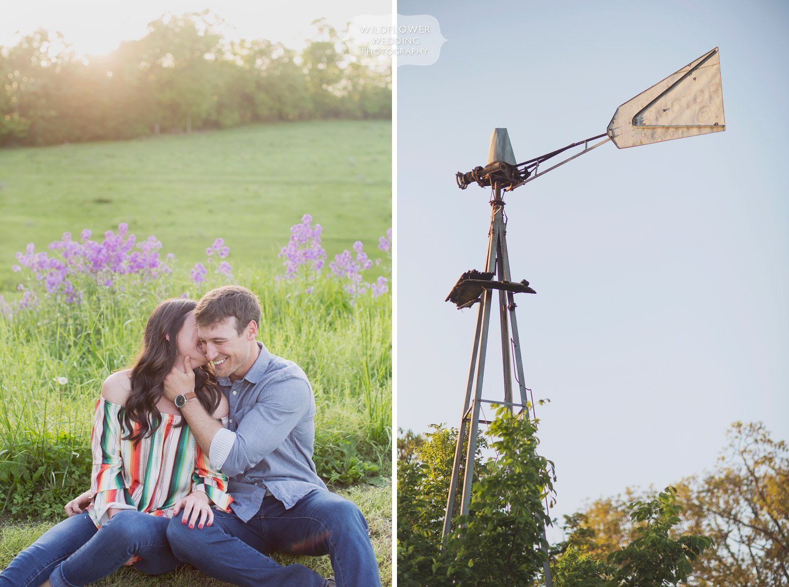 Couple kissing in a field during this rural Missouri farm engagement photo session.