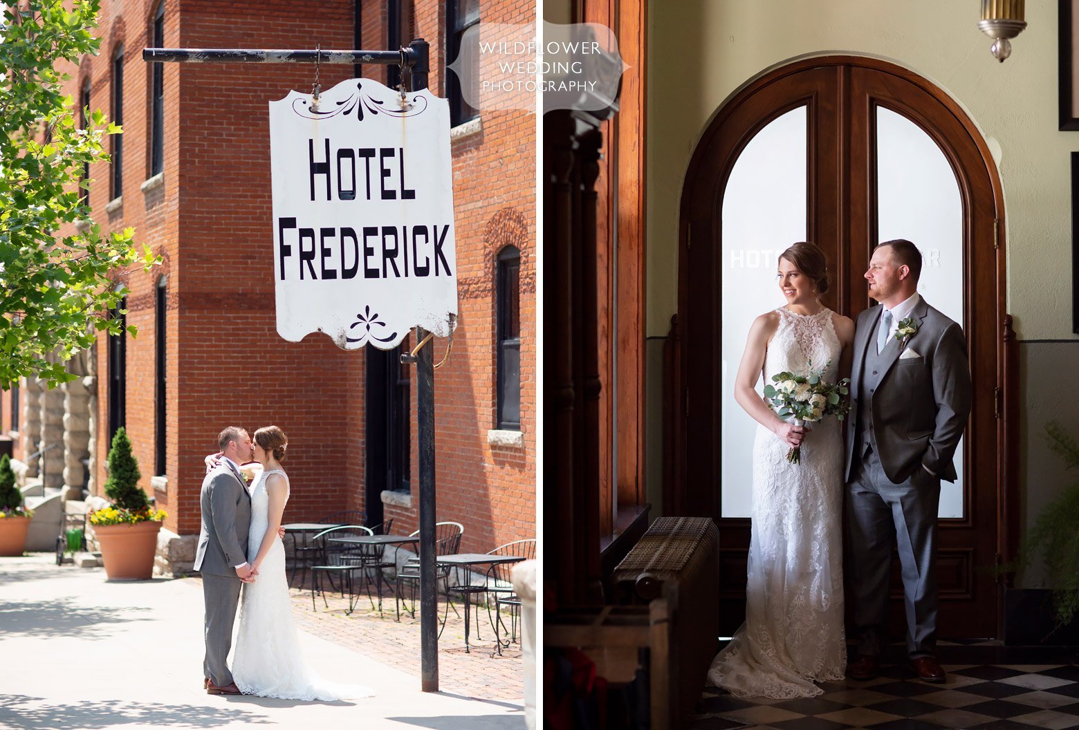 Bride and groom stand under Hotel Frederick sign in downtown Boonville.