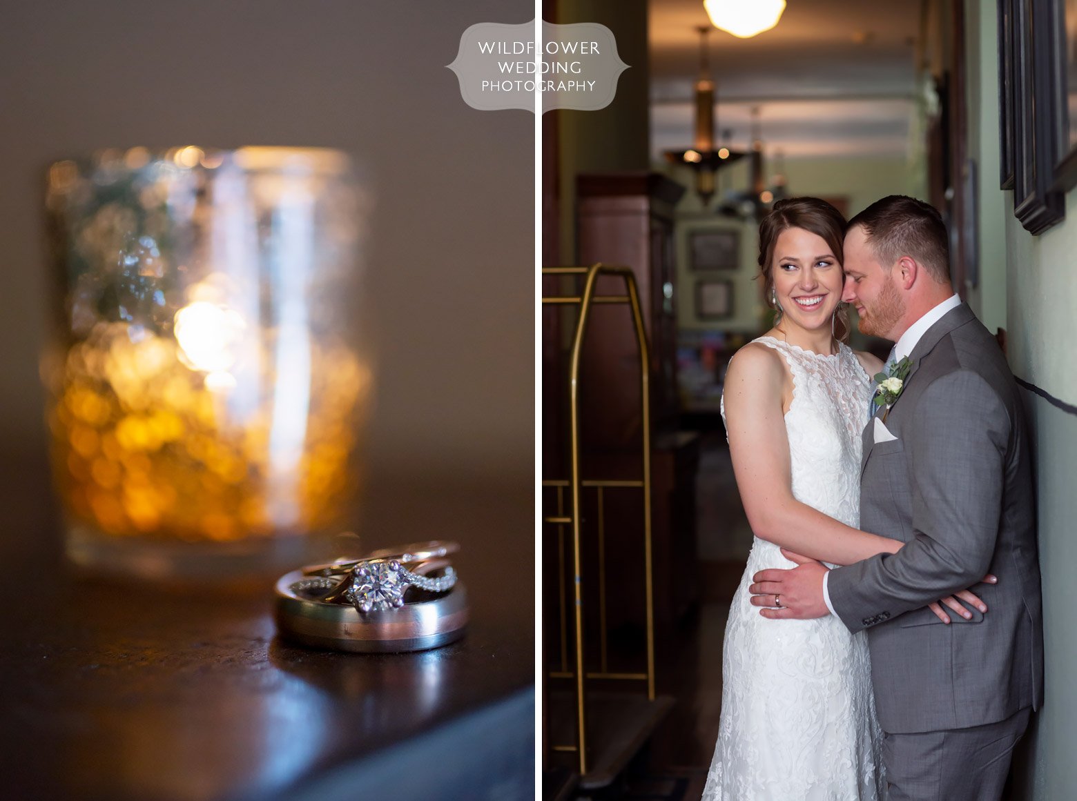 Romantic wedding photo of bride and groom in historic hotel.