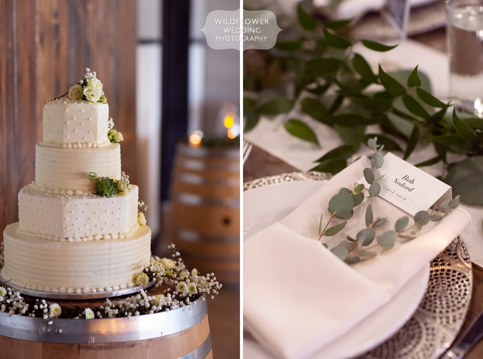 Simple white wedding cake and eucalyptus at Cooper's Ridge.