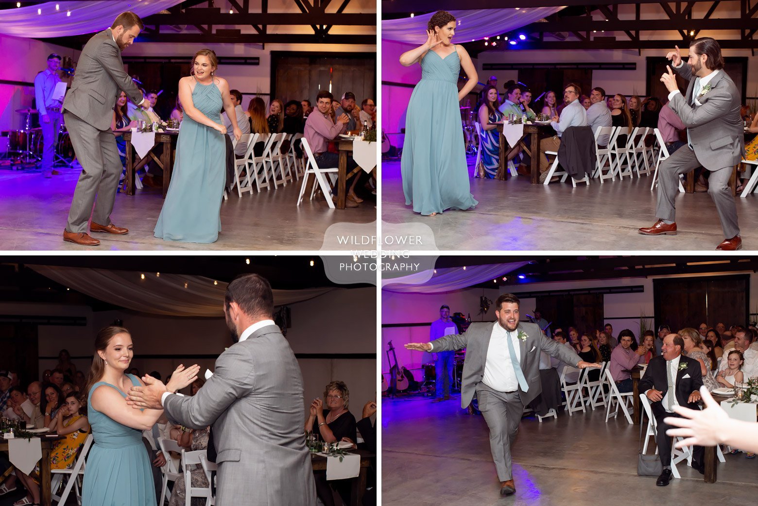 Funny wedding party introductions at Cooper's Ridge venue.