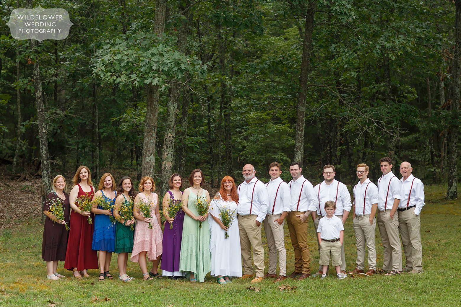 Ecclectic and colorful wedding party for this backyard wedding in southern Missouri.
