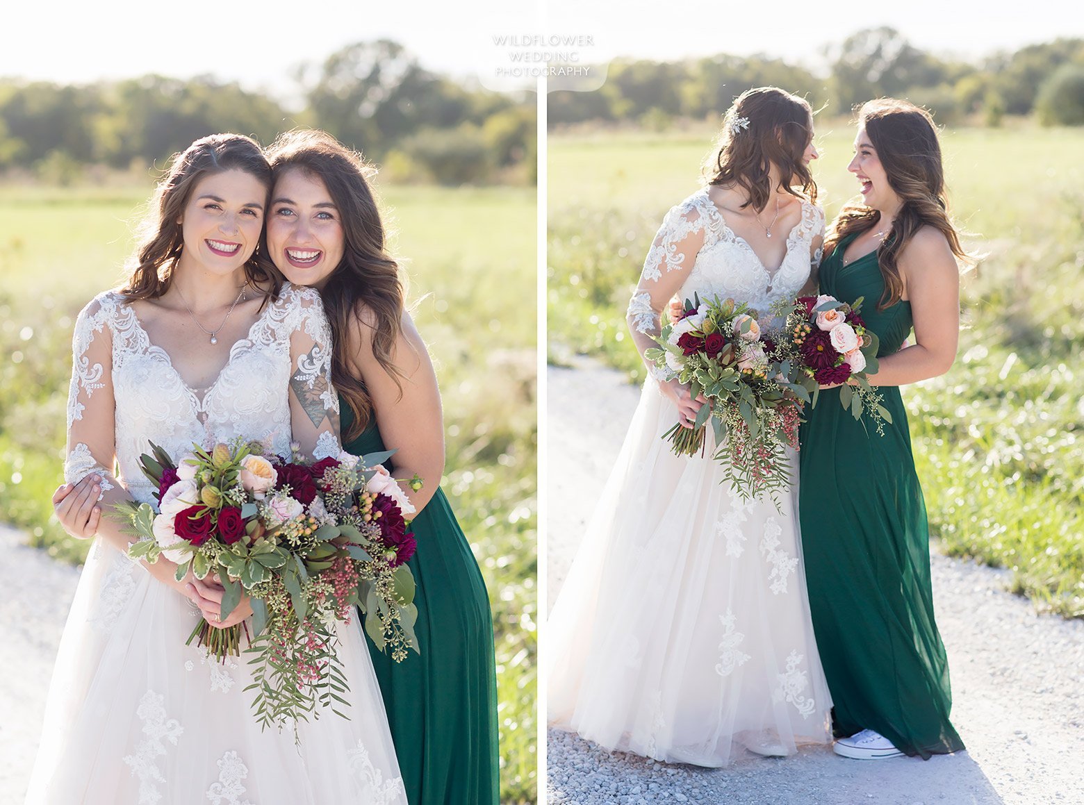 Bride and her maid of honor in forest green dress in Fulton, MO.