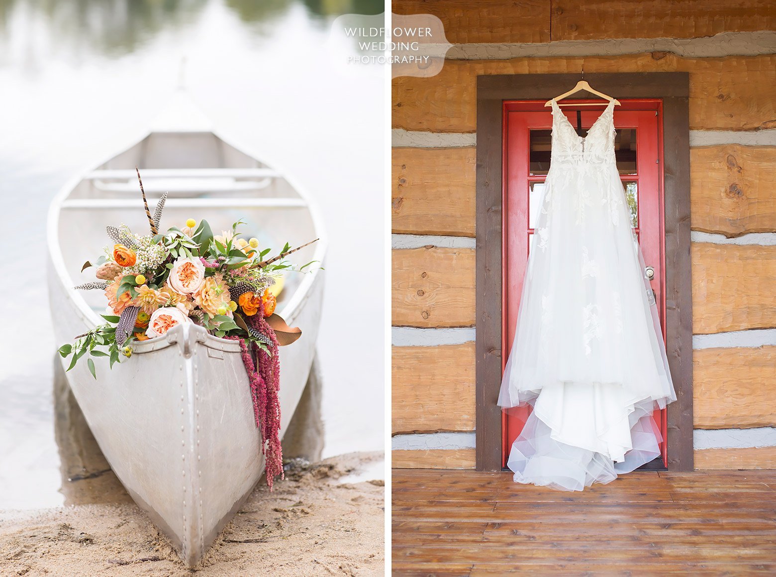 Flowers in a silver canoe at this October Hermann wedding in MO.