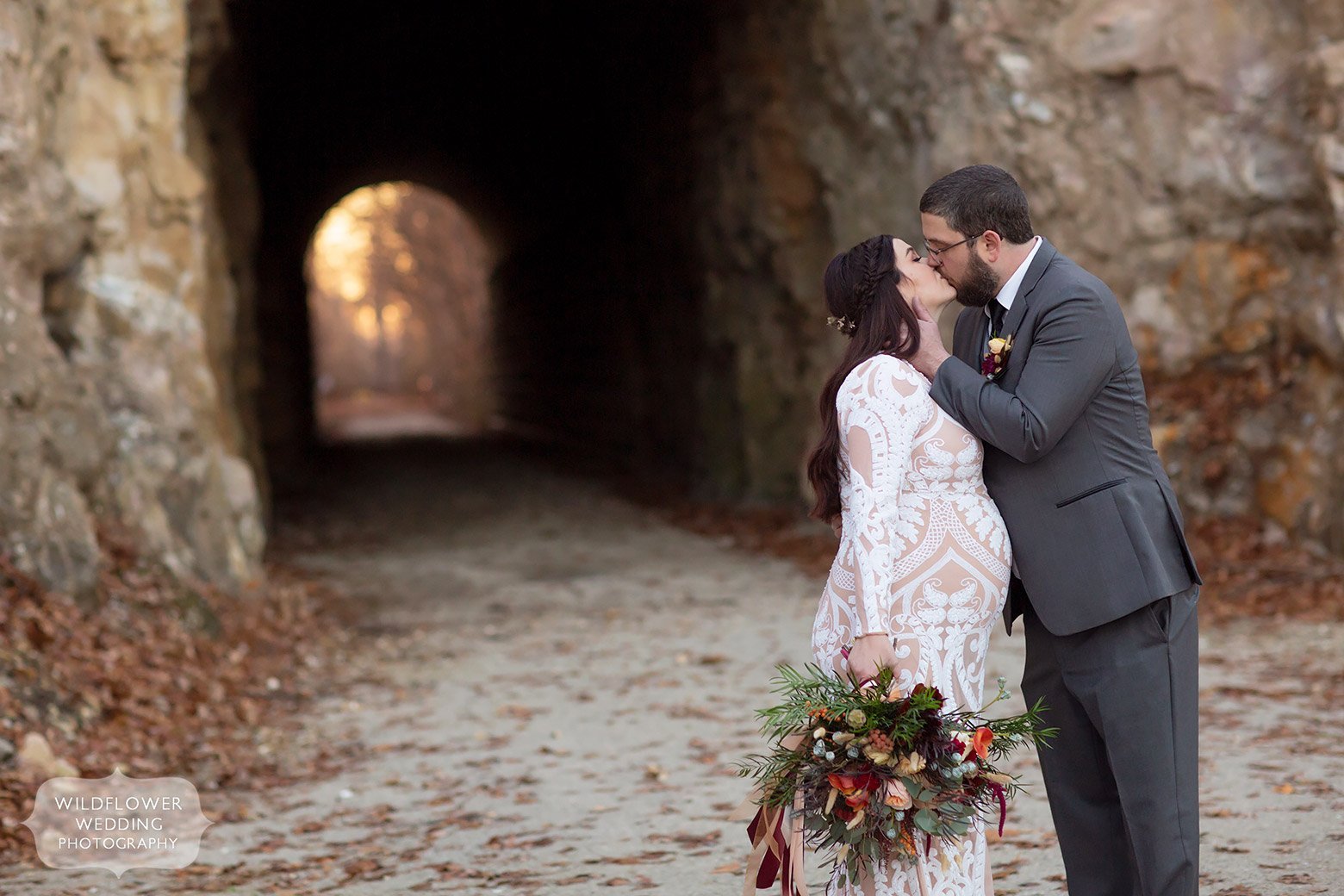 Winter wedding elopement in Katy Trail tunnel in Rocheport, MO.
