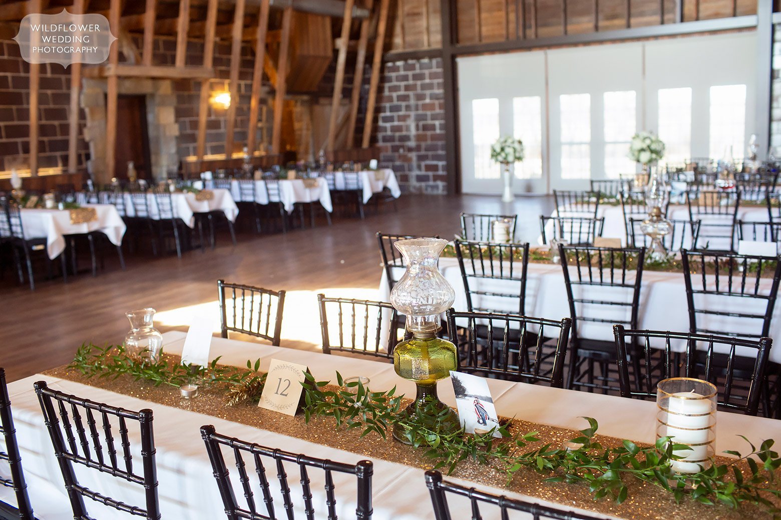 KC wedding photographer captures gold sparkle barn reception.