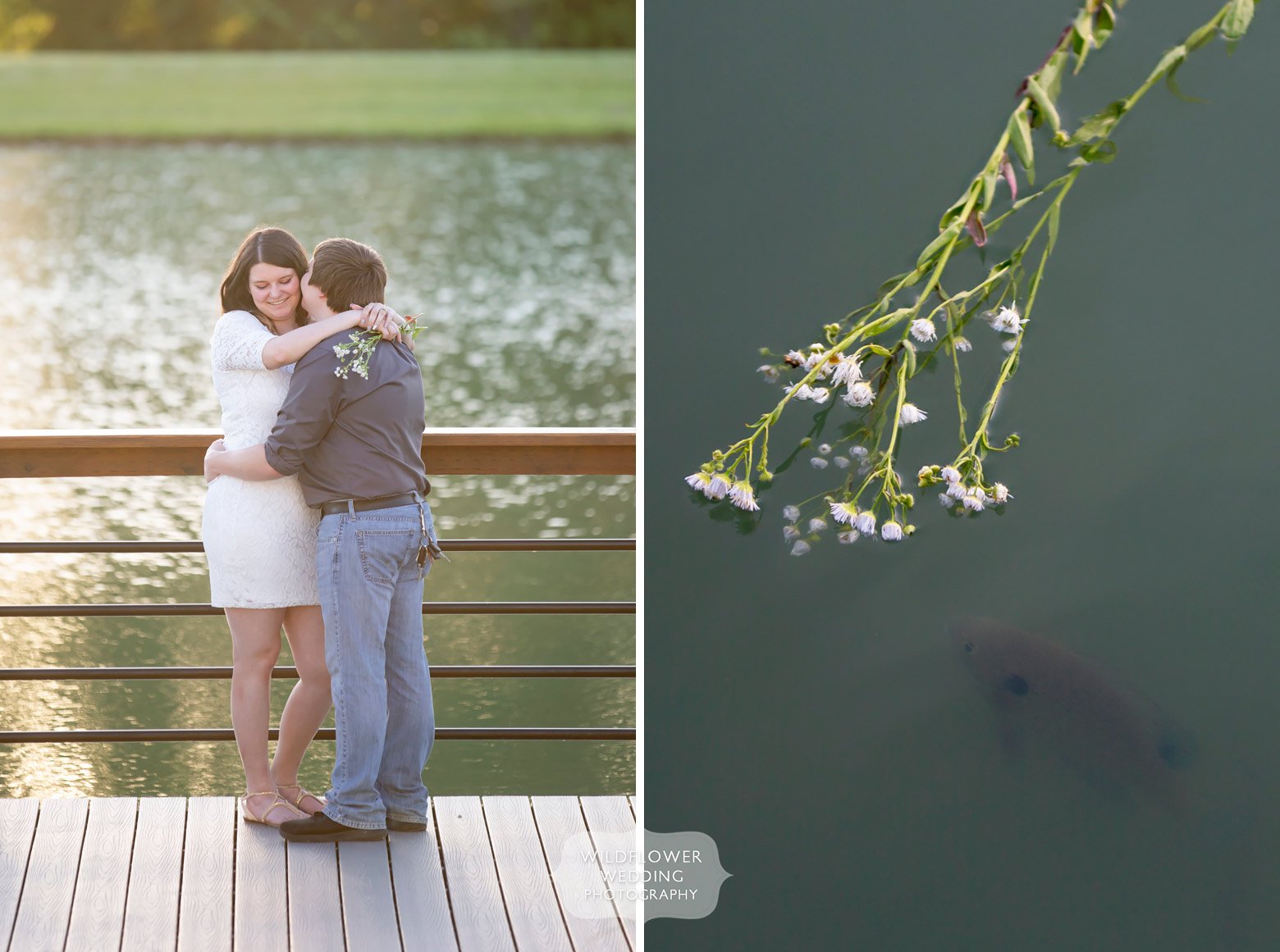 Couple stands on dock during lakeside engagement session in Macon, MO.