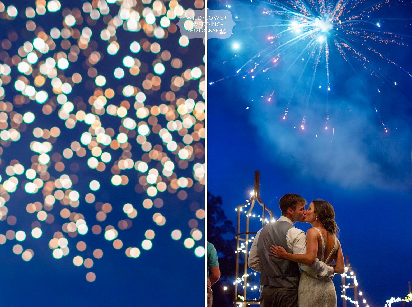 Bride and groom kiss under a deep blue night sky with fireworks.